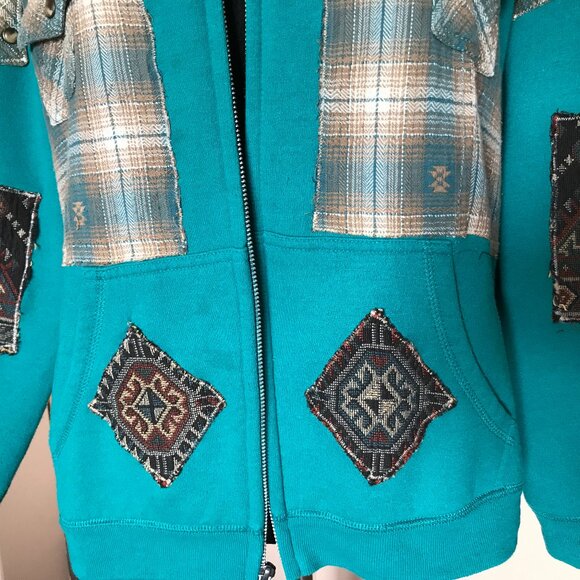 Upcycled Patchwork Jacket, Size L: Teal Tribal Zip-Up Hoodie, Southwest Aztec - Picture 9 of 16
